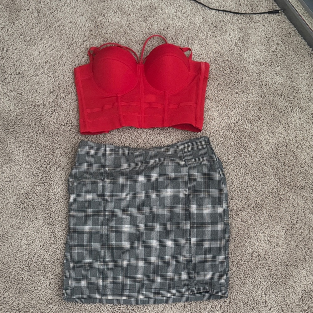 Red Bustier and Plaid Skirt Set